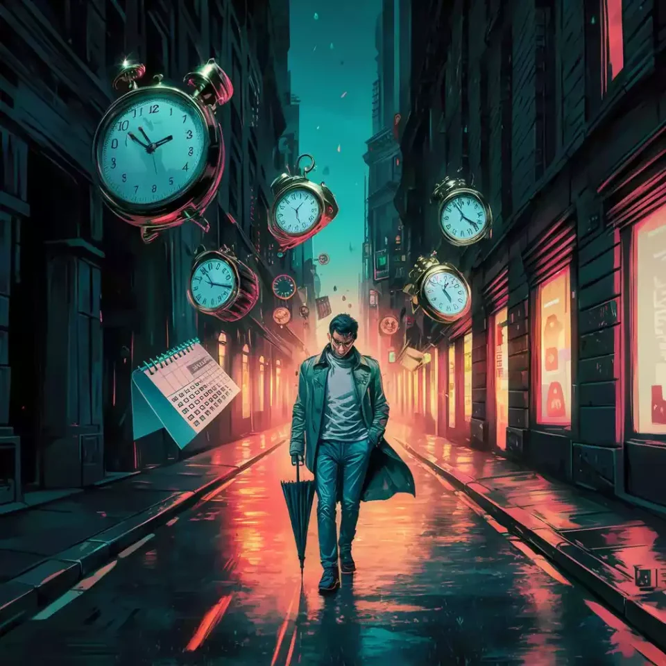 men_walks_dwon_the_street_above_clocks_and_calendars